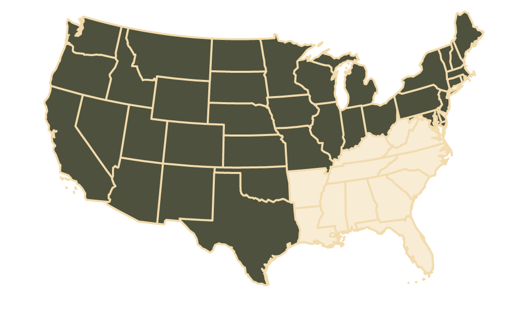 Map of the United States with the eight southeastern states served highlighted